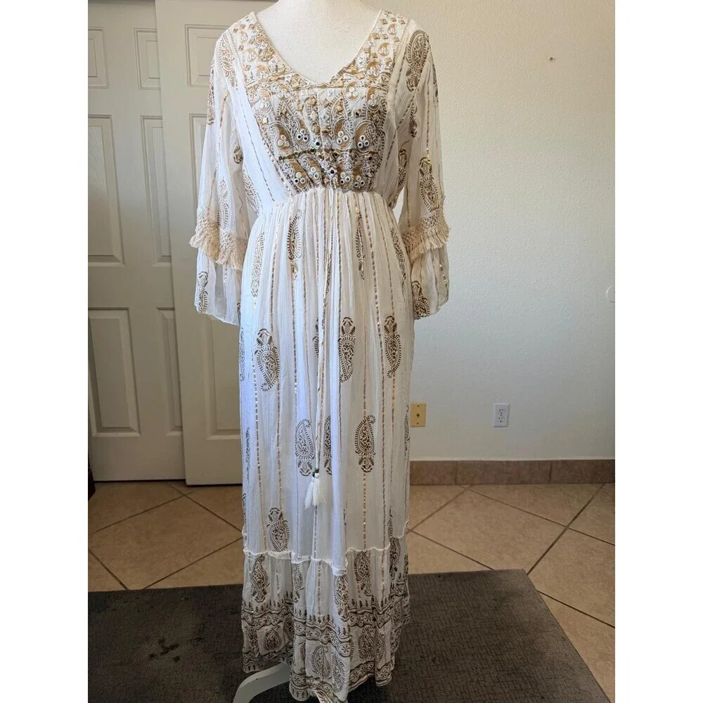 Namaste India Women S Dress Gold White Embroidered Bell Sleeve Festival Boho - Picture 2 of 16